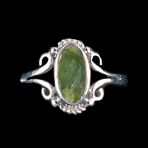 Victorian Oval Shaped Alaskan Jade Sterling Silver Ring | F&F Inc.This charming victorian oval shaped Alaskan Jade design is inlayed into an elegant sterling silver ring.  The dimension of the stone on the ring is approximately .236" x .394".  The product id # is RJ-1024-S.         This ring comes in the following sizes for the sterling silver ring band.  Size 5, 6, 7, 8, 9 and 10