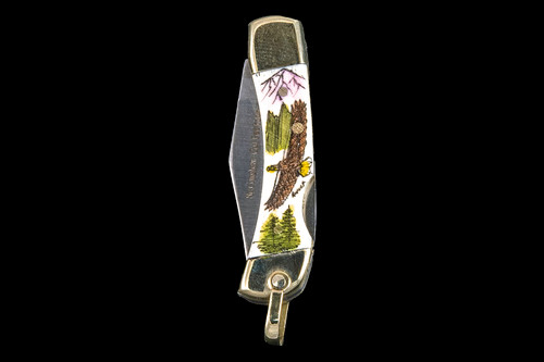 This unique hand etched Colored Soaring Eagle design on a 440 Stainless Steel Blade LB 1 Knife.  This beautiful knife is part of the Scrimshaw Collection, with those words laser engraved into the blade.  The LB 1 knifes come with the pictured leather sheath and each scale is made with Bovine Bone.  The LB 1 Knife has bolsters and shackle that are nickel silver with brass pins and liner.  It is a lock blade knife and a very useful pocket knife. The knife also has a key chain ring at the end of the knife.  The dimensions of the LB 1 Pocket Knife with the blade closed are 2.24" x 0.68" x 0.31".  The blade itself is approximately 1.67" making the width of the knife with an open blade 3.91".  The SKU is LB-1 113.

The scrimshaw is inked with colored india ink and sealed with renaissance wax, which is used by museums for antique restoration.  It also helps bring out the beauty of the artwork as well as in the cow bone. The knife is water resistant, but not waterproof.