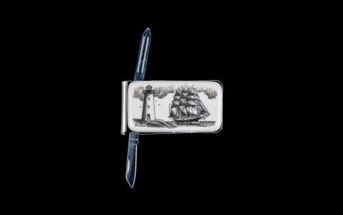 This beautiful originally hand etched Ship and Lighthouse design on a Large Rectangle Knife Money Clip.  This unique money clip has a small knife blade and a nail filer.  This is a useful money clip that duals as a practical knife.

The artwork was originally hand etched by Linda Layden.  The dimensions of the Large Rectangle Knife Money Clip with the blade(s) closed are 2.08" x 1.32" x 0.30".  The knife blade itself is approximately 1.45" and the nail file is approximately 1.50", making the width of the money clip with both open 5.03".  The SKU is NC 20K - 406.