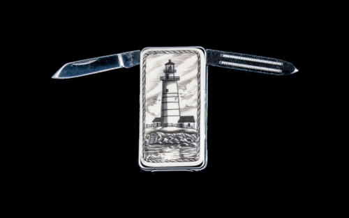 Scrimshaw Boston Lighthouse Money Clip Knife blades open.  This beautiful originally hand etched Boston Lighthouse design on a Large Rectangle Knife Money Clip.  This unique money clip has a small knife blade and a nail filer.  This is a useful money clip that duals as a practical knife.

The artwork was originally hand etched by Linda Layden.  The dimensions of the Large Rectangle Knife Money Clip with the blade(s) closed are 2.08" x 1.32" x 0.30".  The knife blade itself is approximately 1.45" and the nail file is approximately 1.50", making the width of the money clip with both open 5.03".  The SKU is NC 20K - 803.