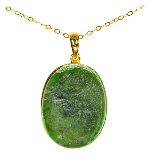 Large Oval Alaskan Jade 22K Gold Plate Pendant | F&F Inc.

This stunning Large Oval shaped Alaskan Jade piece is inlayed into a 22K Gold pendant.  This pendant comes with an 18" 22K Gold chain.  The dimensions of the Alaskan Jade pendant is approximately 1.04" x .77".  The product id # is PJ-1069-G

It is a 22K plate on sterling silver. The plating is with 30mils of 22K gold. Typically plating is done with 3mils of gold. We work with the extra gold plating to ensure your beautiful jewelry piece will have a strong gold color for years to come!! 

Genuine Jade (nephrite) is a fascinating gemstone and the state gem of Alaska. In prehistoric times, prized for its toughness, jade was used to make weapons, tools and later simple ornaments. Jade purportedly can protect you from evil, attract love and of course bring you good luck. It is now regarded as a symbol of energy and beauty. Stimulating creativity and mental agility along with harmony and balance. The jade we use comes from the Nana Region of Alaska.

All pendants come boxed with a Alasan Jade story card.

Enjoy your unique piece of history!




Features
Alaska Jade
Large Oval Shape
18" 22K Gold chain
22K Gold Plate
Lifetime Guarantee!!