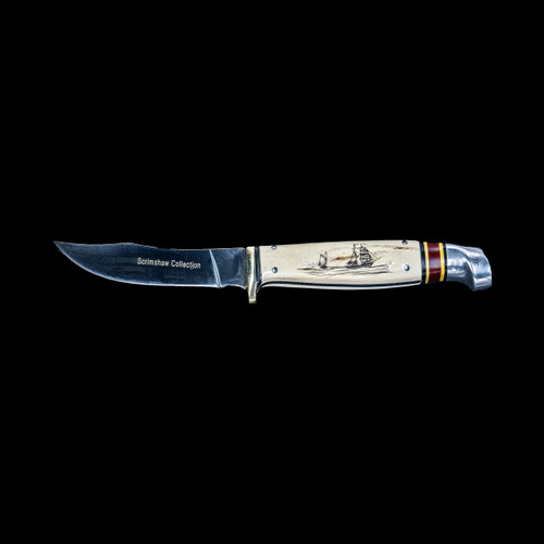 This stunning etched Double Tall Ship  design is done on Shed Moose Antler handle with a Scrimshaw Collection straight blade.  This Bowie like knife, comes with the pictured leather sheath.

The weight of the knife is 5 ounces and the dimensions the knife is 7.6" x .92" x 0.88".  The blade itself is approximately 3.5".  The SKU is SBA 406. 

The artwork was originally hand etched by Bill Feeney. He received a Bachelor of Arts degree in Mathematics from Saint Francis College in Bidderford, Maine, In 1973 I accepted a teaching position at Westport High School where I met Robert Rayno, the art teacher. As part of the class curriculum, he taught a section on scrimshaw. I sat in on many of his classes and purchased the necessary tools and ivory to begin etching. Combining my natural artistic ability with the techniques learned from Mr. Rayno, the cornerstone of "Spouting Whale" was established.

During the winter season, moose shed their antlers before regrowing them in the spring. The shedding process, also known as casting, is a normal event that occurs annually for many male cervids—a group of hoofed mammals like moose, deer and elk.




Features:
Scrimshaw
Nautical Design
Tall Ship
Double Ship Design
Shed Antler Handle
Leather Sheath
Straight Blade Knife

Bowie Style Knife
Stainless Steel Blade