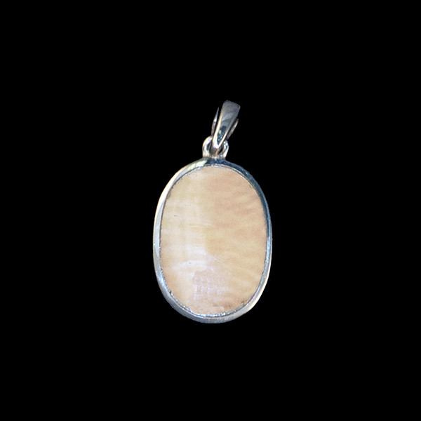 This magnificent small oval piece is inlayed into a sterling silver pendant.  This pendant comes with an 18" Sterling Silver chain.  The dimensions of the mammoth pendant tusk is approximately .70" x .46".