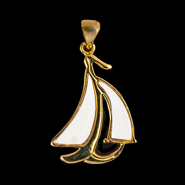 This stunning sail boat shape is inlayed into a 14K Gold pendant.  This pendant comes with an 18" 14K Gold chain.  The dimensions of the mammoth pendant tusk is approximately 1.10" .72".