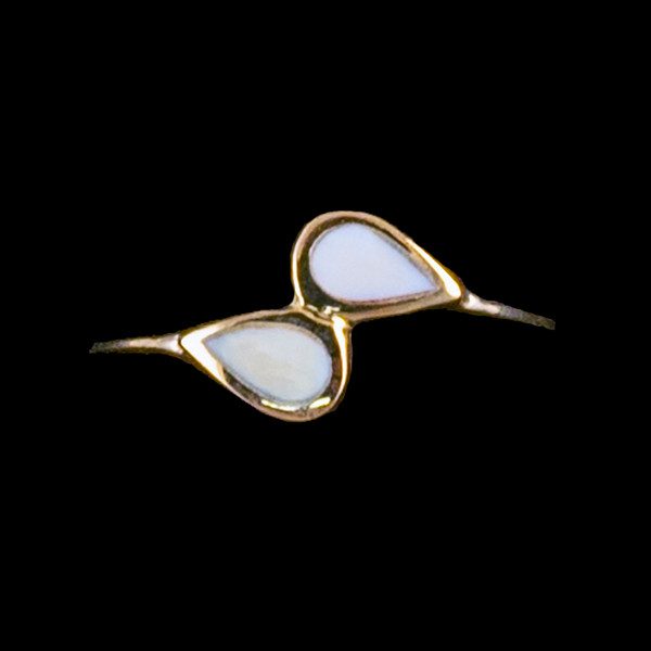 Dual Teardrop Shaped Mammoth 14K Gold Ring | F&F Inc.This elegant dual teardrop shaped mammoth ivory is inlayed into a elegant 14K Gold ring.  The dimension of the stone on the ring is approximately .44" x .35".  The product id # is RM-1007-G.It is a 14K plate on sterling silver. The plating is with 30mils of 14k gold. Typically plating is done with 3mils of gold. We work with the extra gold plating to ensure your beautiful jewelry piece will have a strong gold color for years to come!!This ring comes in the following sizes for the sterling silver ring band.  Size 5, 6, 7, 8, 9 and 10