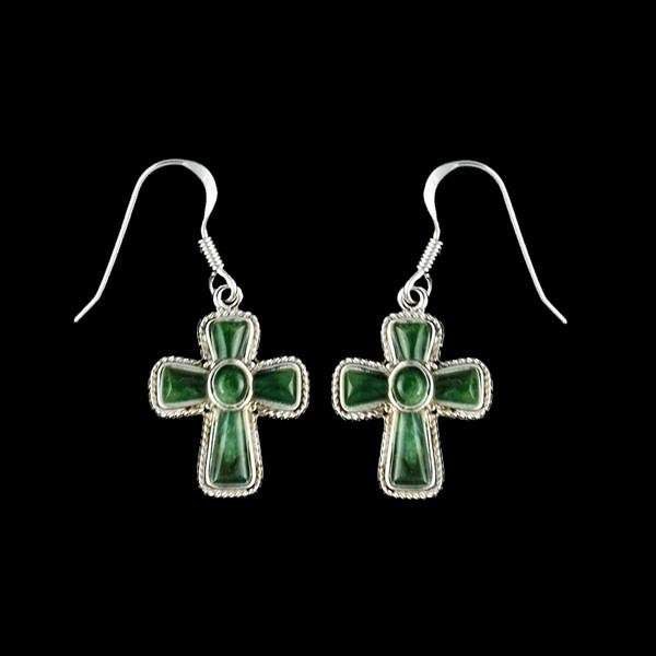 This elegant Cross Shaped Alaskan Jade piece is inlayed into a Sterling Silver french wire earring.  The measurements of the earrings are approximately .87 x .63".