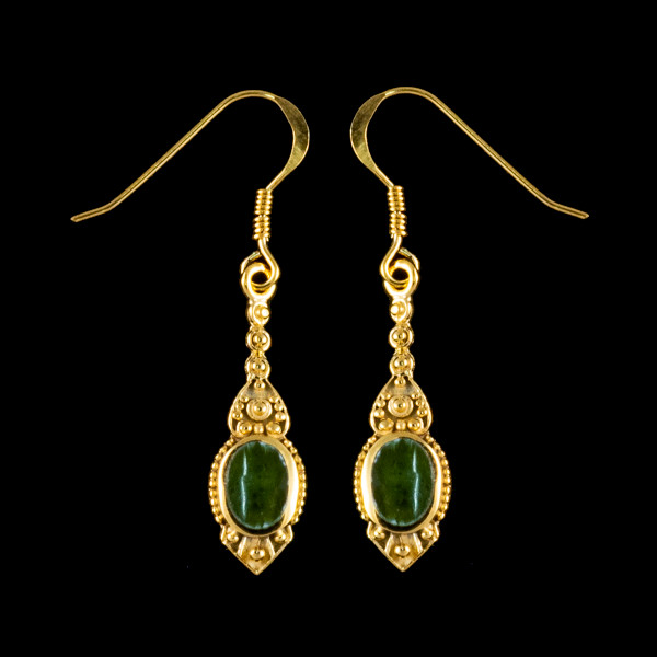 This chic small oval Alaskan Jade is inlayed into a stylish dangle 14K Gold earring with french wire.  The measurements of the earrings are approximately .96" x .29".