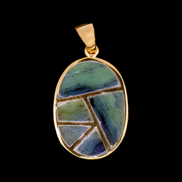 PJ-1084-G Medium Oval Jade Inlay 14K Gold Pendant | F&F Inc.