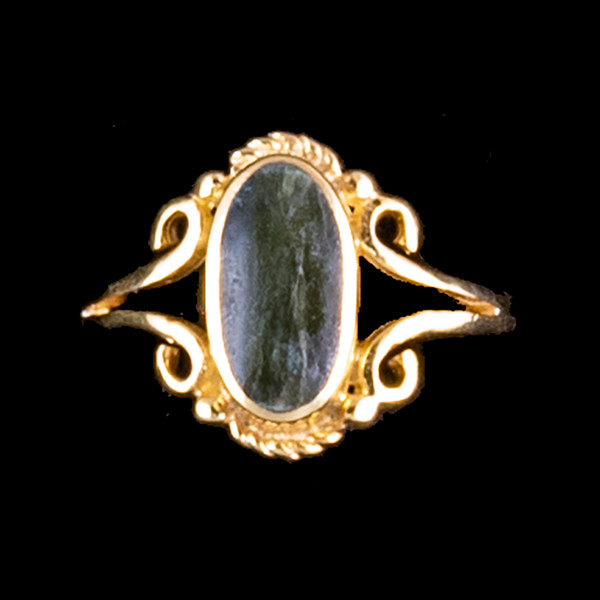 Victorian Oval Shaped Alaskan Jade 14K Gold Ring | F&F Inc.This charming victorian oval shaped Alaskan Jade design is inlayed into a elegant 14K Gold ring.  The dimension of the stone on the ring is approximately .236" x .394".  The product id # is RJ-1024-GIt is a 14K plate on sterling silver. The plating is with 30mils of 14k gold. Typically plating is done with 3mils of gold. We work with the extra gold plating to ensure your beautiful jewelry piece will have a strong gold color for years to come!!  This ring comes in the following sizes for the 14K Gold ring band.  Size 5, 6, 7, 8, 9 and 10