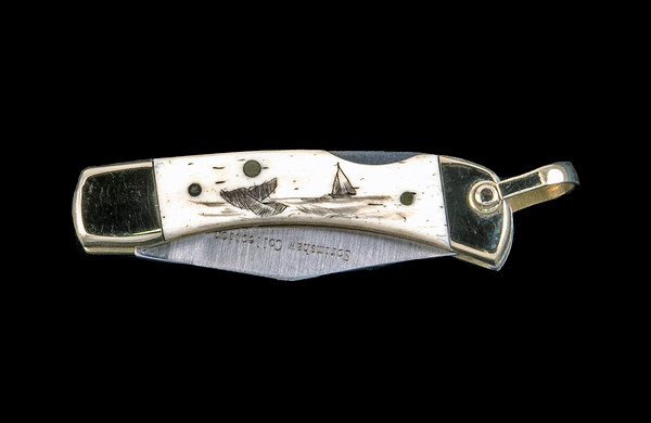 This unique hand etched Ship and Whale design on a 440 Stainless Steel Blade LB 1 Knife.  This beautiful knife is part of the Scrimshaw Collection, with those words laser engraved into the blade.  The LB 1 knifes come with the pictured leather sheath and each scale is made with Bovine Bone.  The LB 1 Knife has bolsters and shackle that are nickel silver with brass pins and liner.  It is a lock blade knife and a very useful pocket knife. The knife also has a key chain ring at the end of the knife.  The dimensions of the LB 1 Pocket Knife with the blade closed are 2.24" x 0.68" x 0.31".  The blade itself is approximately 1.67" making the width of the knife with an open blade 3.91".  The SKU is LB-1 403.