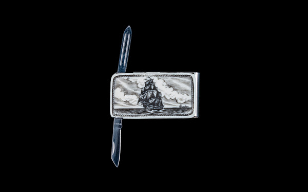 NC 20K 401 Tall Ship Money Clip Knife with blade open.  This beautiful originally hand etched Tall Ship design on a Large Rectangle Knife Money Clip.  This unique money clip has a small knife blade and a nail filer.  This is a useful money clip that duals as a practical knife.

The artwork was originally hand etched by Linda Layden.  The dimensions of the Large Rectangle Knife Money Clip with the blade(s) closed are 2.08" x 1.32" x 0.30".  The knife blade itself is approximately 1.45" and the nail file is approximately 1.50", making the width of the money clip with both open 5.03".  The SKU is NC 20K - 401.