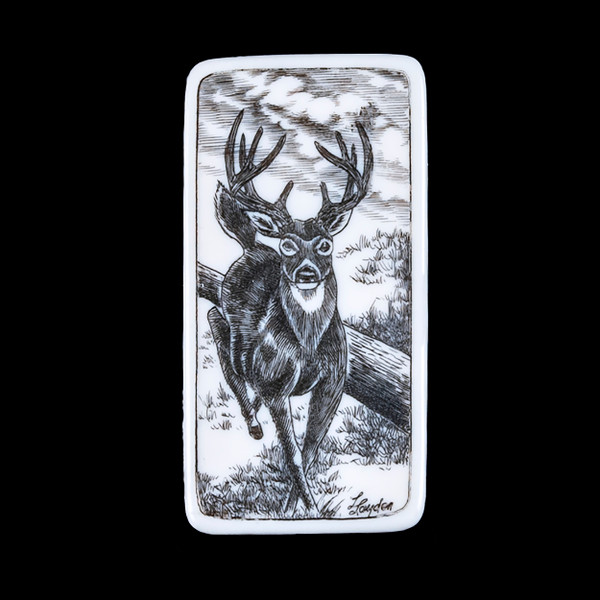 NC 20 103A Deer Slide Money Clip.  This beautiful originally hand etched Deer design on a Large Slide Rectangle Money Clip.  This unique piece is a slide money clip.

The artwork was originally hand etched by Linda Layden.  The dimensions of the Large Rectangle Money Clip is 2.08" x 1.32" x 0.30".  The SKU is NC 20 - 103A.