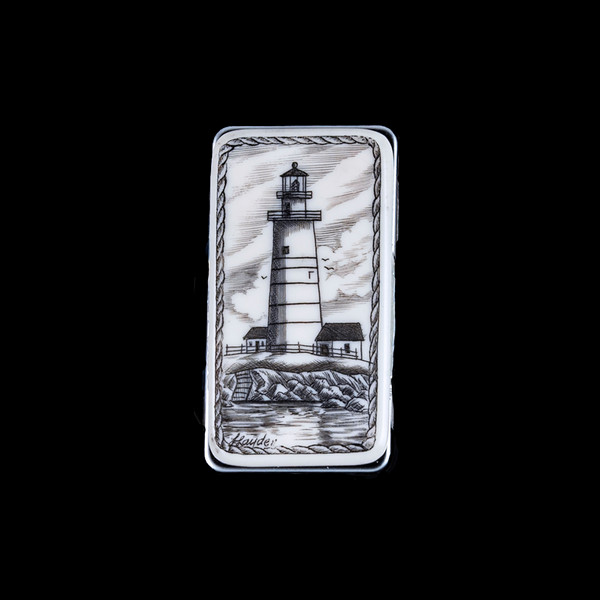This stunning originally hand etched Boston Lighthouse design on a Large Slide Rectangle Money Clip.  This unique piece is a slide money clip.

The artwork was originally hand etched by Linda Layden.  The dimensions of the Large Rectangle Money Clip is 2.08" x 1.32" x 0.30".  The SKU is NC 22 - 803.

Linda Layden has been making beautiful works of art in the scrimshaw field for over 40 years.  Originally a hobby that became a full time job.  Her work can be found in gift shops, galleries and museums across the world.  

The resin scrimshaw piece is originally hand etched by Linda Layden.  We make a mold of the original piece and do an open cast pour of our resin mixture.  The pieces are removed from the mold and sanded and inked.

We believe that serving nature is one of the commissions that we as humans have been given here on earth.  We wish to lend our resources to those charged with protecting elephants from poaching for their ivory. 

On a monthly basis we donate to organizations whose purpose to protect the elephants and other species throughout the planet.  We focus our donations on organizations that put the money to good use and have a low overhead. With the majority of incoming funds going back to saving the elephants!

Features
Hand Etched Acrylic Resin Scrimshaw 
Originally Hand Etched in the USA! 
NC 22 Large Rectangle Money Clip Knife
Stainless Steel 
Nautical Design
Boston Lighthouse
Save the Elephant Collection