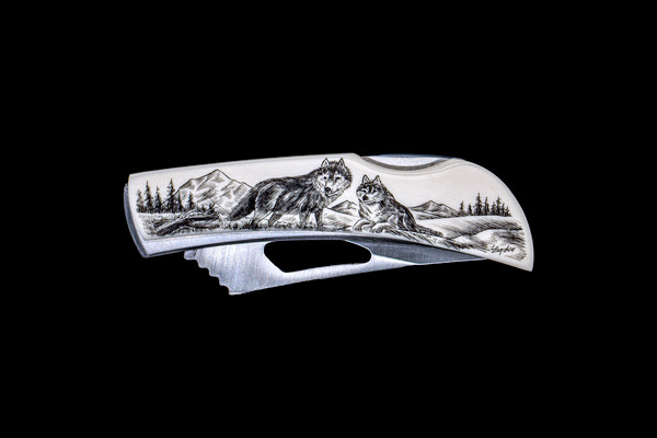 This beautiful originally hand etched Double Wolf design on a Stainless Steel Silver Hawk Knife.  The back of the knife has a belt clip and all the knifes come with the pictured sheath.  It is a lock blade knife and a useful pocket knife. The artwork was originally hand etched by Linda Layden.  The dimensions of the Silver Hawk knife with the blade closed are 3.00" x 0.96" x 0.55".  The blade itself is approximately 2.35" making the width of the knife with an open blade 5.35".  The SKU is NC 14 - 105.

Linda Layden has been making beautiful works of art in the scrimshaw field for over 40 years.  Originally a hobby that became a full time job.  Her work can be found in gift shops, galleries and museums across the world.