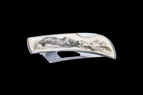 This beautiful originally hand etched Bear and Fish design on a Stainless Steel Silver Hawk Knife.  In the design with beautiful mountains in the background, their is a bear going for a jumping fish from the river.  The back of the knife has a belt clip and all the knifes come with the pictured sheath.  It is a lock blade knife and a useful pocket knife. The artwork was originally hand etched by Linda Layden.  The dimensions of the Silver Hawk knife with the blade closed are 3.00" x 0.96" x 0.55".  The blade itself is approximately 2.35" making the width of the knife with an open blade 5.35".  The SKU is NC 14 - 102.

Linda Layden has been making beautiful works of art in the scrimshaw field for over 40 years.  Originally a hobby that became a full time job.  Her work can be found in gift shops, galleries and museums across the world.  

The resin scrimshaw piece is originally hand etched by Linda Layden.  We make a mold of the original piece and do an open cast pour of our resin mixture.  The pieces are removed from the mold and sanded and inked.