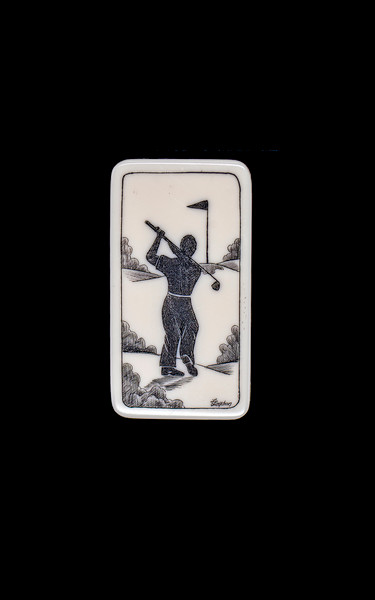 This beautiful originally hand etched Golfer design on a Large Slide Rectangle Money Clip.  This unique piece is a slide money clip.

The artwork was originally hand etched by Linda Layden.  The dimensions of the Large Rectangle Money Clip is 2.08" x 1.32" x 0.30".  The SKU is NC 20 - 152.

Linda Layden has been making beautiful works of art in the scrimshaw field for over 40 years.  Originally a hobby that became a full time job.  Her work can be found in gift shops, galleries and museums across the world.