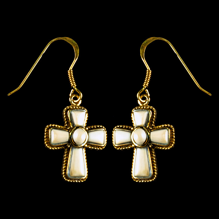 Cross Mammoth Ivory 14K Gold French Wire Earring