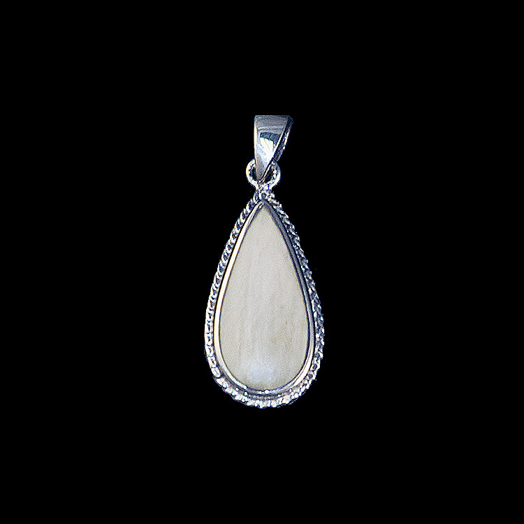 This elegant teardrop shaped mammoth tusk piece is inlayed into a sterling silver pendant with a rope border.  This pendant comes with an 18" Sterling Silver chain.  The dimensions of the mammoth pendant tusk is approximately 1.23" x .79".