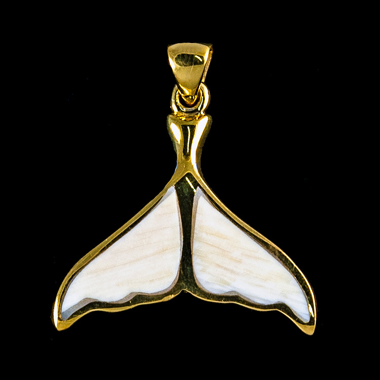 This unique medium whale tail ivory shaped whale tail is inlayed into a 14K Gold pendant.  This pendant comes with an 18" 14K Gold chain.  The dimensions of the mammoth pendant tusk is approximately .88" x .93".