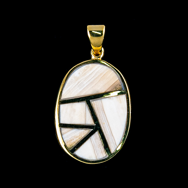 This distinguished medium oval shaped mammoth tusk piece is inlayed into a 14K Gold pendant with 14K Gold bars.  This pendant comes with an 18" 14K Gold chain.  The dimensions of the mammoth pendant tusk is approximately .78" x .90".