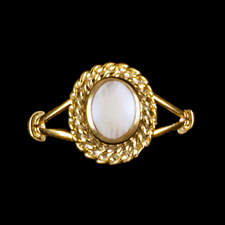 Oval Shaped Mammoth with Rope Border 14K GoldRing | F&F Inc.This breathtaking oval shaped mammoth ivory design is inlayed into a elegant 14K Gold ring with a rope border.  The dimension of the stone on the ring is approximately .36" x .415".  The product id # is RM-1017-G.         It is a 14K plate on sterling silver. The plating is with 30mils of 14k gold. Typically plating is done with 3mils of gold. We work with the extra gold plating to ensure your beautiful jewelry piece will have a strong gold color for years to come!!This ring comes in the following sizes for the sterling silver ring band.  Size 5, 6, 7, 8, 9 and 10
