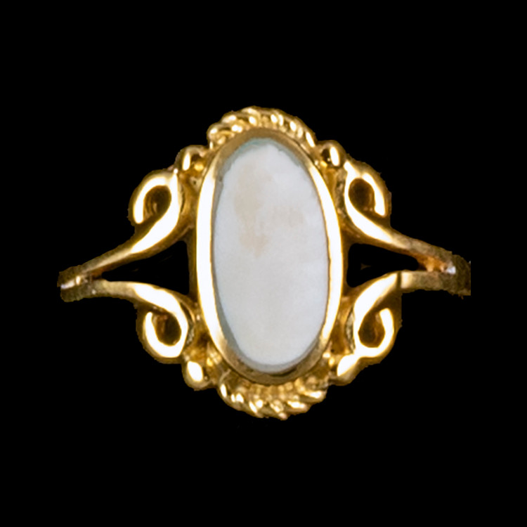 Victorian Oval Shaped Mammoth 14K Gold Ring | F&F Inc.This charming victorian oval shaped mammoth ivory design is inlayed into a elegant 14K Gold ring.  The dimension of the stone on the ring is approximately .236" x .394".  The product id # is RM-1024-G.It is a 14K plate on sterling silver. The plating is with 30mils of 14k gold. Typically plating is done with 3mils of gold. We work with the extra gold plating to ensure your beautiful jewelry piece will have a strong gold color for years to come!! This ring comes in the following sizes for the sterling silver ring band.  Size 5, 6, 7, 8, 9 and 10