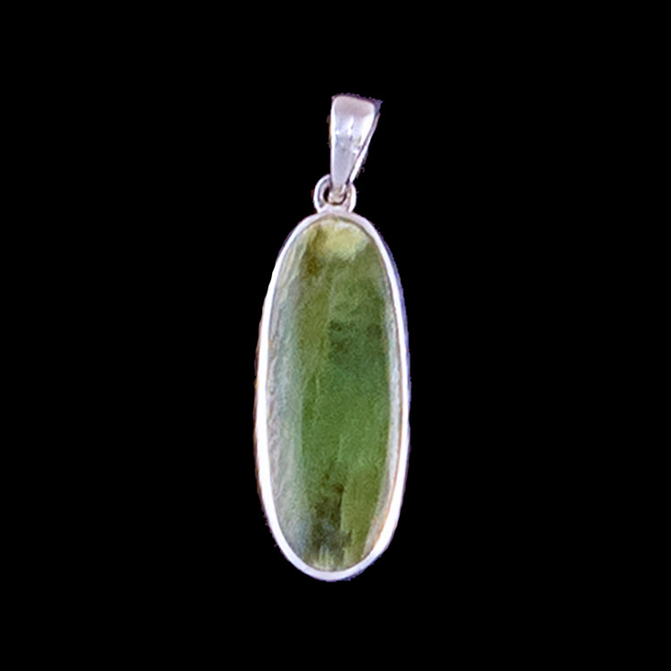 Narrow Oval Alaskan Jade Sterling Silver Pendant | F&F Inc.This brilliant narrow oval Alaskan Jade piece is inlayed into a sterling silver pendant.  This pendant comes with an 18" Sterling Silver chain.  The dimensions of the Alaskan Jade pendant is approximately .97" x .38".  The product id # is PJ-1076-S.