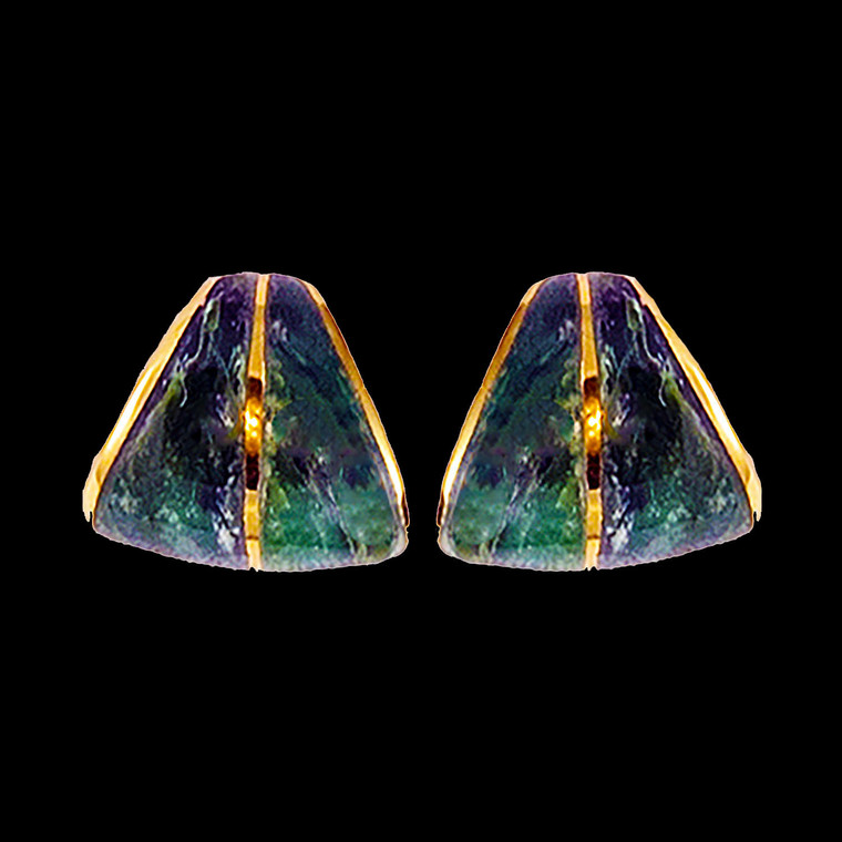 This unique teardrop shaped Alaskan Jade piece is inlaid into a beautiful 14K Gold earring that is accentuated with a 14K Gold bar.  These classy earrings have a post backing.  The measurements of the earrings are approximately .30" x .36".