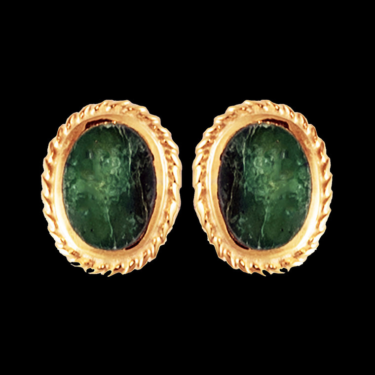 These trendy oval shaped Alaskan Jade piece is inlaid into a stylish 14K Gold earring that is accentuated with rope 14K Gold border.  These stylish earrings have a post backing.  The measurements of the earrings are approximately .41" x .32".