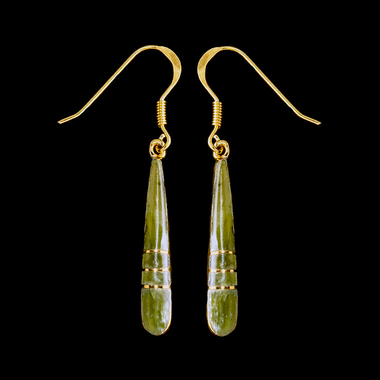 This elegant Long Teardrop Alaskan Jade piece is inlaid into 14K Gold french wire earring.  This stylish piece is accentuated with 14K Gold bars.   The measurements of the earrings are approximately 1.20" x .15".
