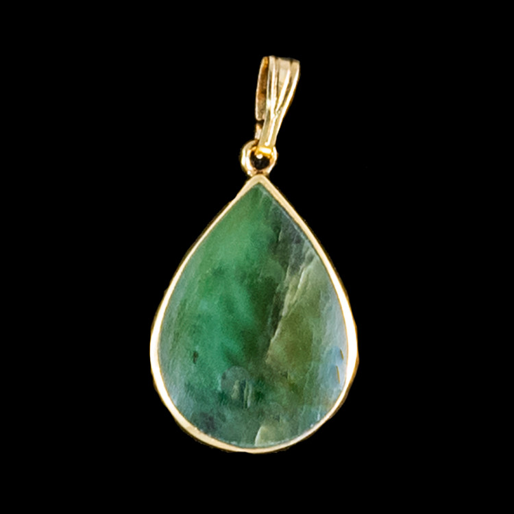 Teardrop Alaskan Jade 14K Gold Pendant | F&F Inc.This charming teardrop oval shaped Alaskan Jade piece is inlayed into a 14K Gold pendant.  This pendant comes with an 18" 14K Gold chain.  The dimensions of the Alaskan Jade pendant is approximately .82" x .50".  The product id # is PJ-1204-G.It is a 14K plate on sterling silver. The plating is with 30mils of 14k gold. Typically plating is done with 3mils of gold. We work with the extra gold plating to ensure your beautiful jewelry piece will have a strong gold color for years to come!!