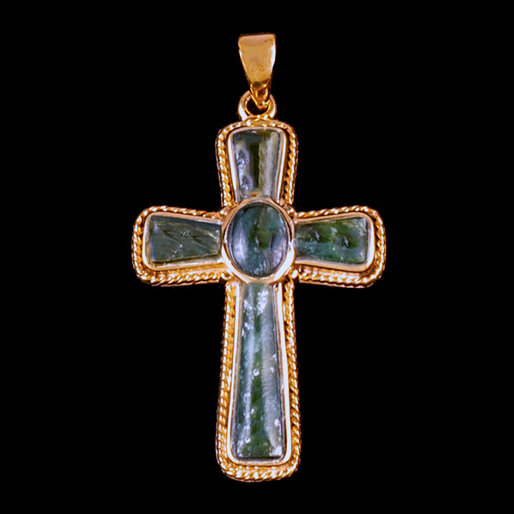 PJ-1079-G Large Cross Jade 14K Gold Pendant