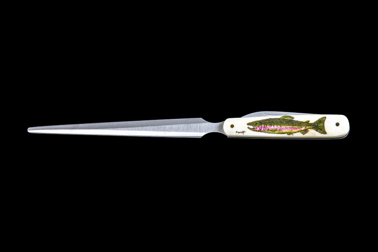 This unique hand etched Trout Colored design on a bovine bone Letter Opener with a foldable knife.  This beautiful letter opener is part of the Scrimshaw Collection, with those words laser engraved into the blade.  The Letter Opener has a stainless steel knife.  The dimensions of the Letter Opener with the blade closed are 7.75" x 0.63" x 0.42".  The blade itself is approximately 2.16" making the width of the knife with an open blade 9.77".  The SKU is LO 109.

The scrimshaw is inked with colored india ink and sealed with renaissance wax, which is used by museums for antique restoration.  It also helps bring out the beauty of the artwork as well as in the cow bone. The knife is water resistant, but not waterproof.