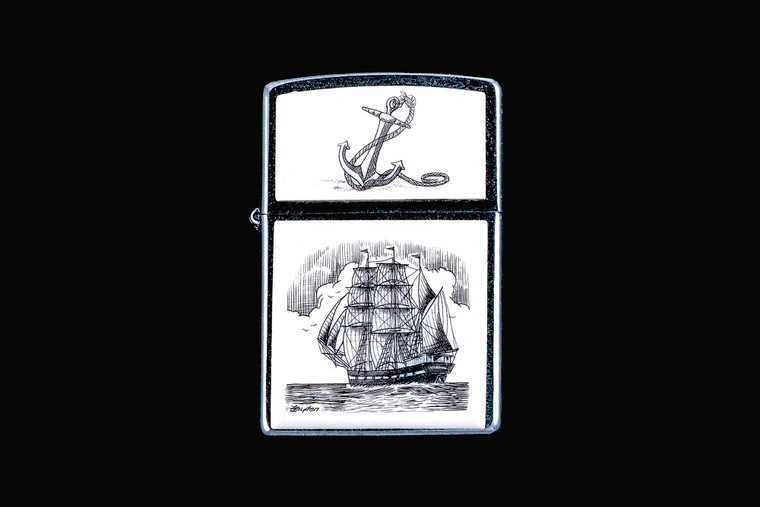 This is a stunning Nautical originally hand etched Eco-Ivory Scrimshaw Tall Ship designed Zippo Lighter! The top of the flip lighter has a Anchor design.  The Zippo is a Brushed Chrome finish. Each lighter has a bottom stamp signifying the year it was made, is refillable. All windproof lighters are American made in Bradford, PA factory and come packaged in a gift box.  This is part of the Save the Elephant Collection and was originally hand etched by Linda Layden. The SKU is NC 54 - 224.

The Zippo Lighter is 2.24" x 1.51" x 0.59".  It weighs 2.04 oz.