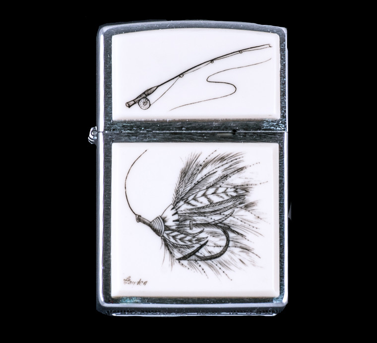 This is a unique originally hand etched Eco-Ivory Scrimshaw Fly Fishing Lure Designed Zippo!  The top of the flip lighter has a Fly Fishing Rod design.  The Zippo is a Brushed Chrome finish. Each lighter has a bottom stamp signifying the year it was made, is refillable. All windproof lighters are American made in Bradford, PA factory and come packaged in a gift box.  This is part of the Save the Elephant Collection and was originally hand etched by Linda Layden.  The SKU is NC 54 - 200.

The Zippo Lighter is 2.24" x 1.51" x 0.59".  It weighs 2.04 oz.