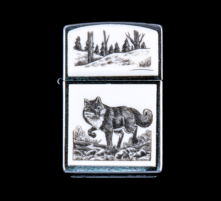 This is a stunning originally hand etched Eco-Ivory Scrimshaw Fox Designed Zippo!  The top of the flip lighter has a hills with tree design.  The Zippo is a Brushed Chrome finish. Each lighter has a bottom stamp signifying the year it was made, is refillable. All windproof lighters are American made in Bradford, PA factory and come packaged in a gift box.  This is part of the Save the Elephant Collection and was originally hand etched by Linda Layden.  The SKU is NC 54 - 170.

The Zippo Lighter is 2.24" x 1.51" x 0.59".  It weighs 2.04 oz.