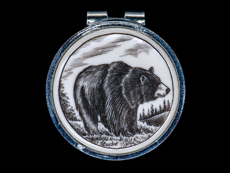 Bear Spring Money Clip.  This unique originally hand etched Bear design on a Rond Spring Money Clip.  This unique piece is a spring money clip.  The back of the money clip has a stainless steel spring that will hold your money secure.  Regardless if it is a small or large stack of bills.  

The artwork was originally hand etched by Linda Layden.  The artistic insert is an 1.5", the size of a silver dollar.  The dimensions of the Large Rectangle Money Clip is 1.68" x 1.81" x 0.46".  The SKU is NC 24 - 102.