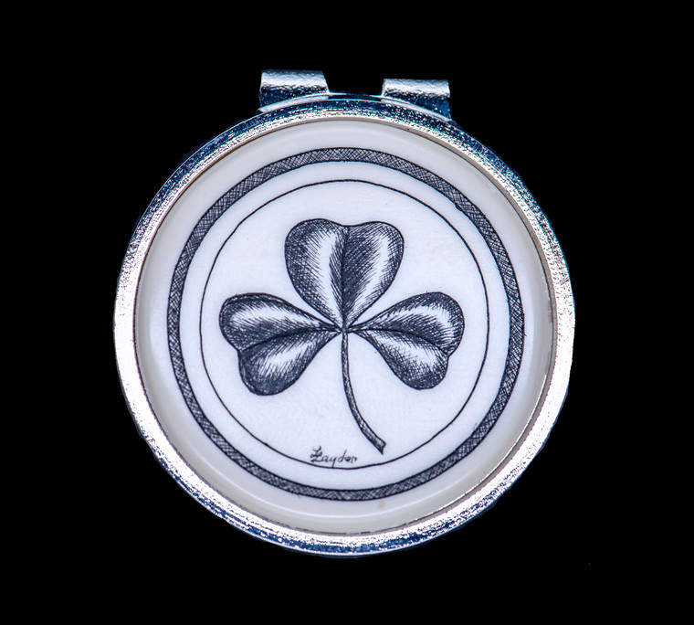 Shamrock Money Clip. This beautiful originally hand etched Shamrock design on a Rond Spring Money Clip.  This unique piece is a spring money clip.  The back of the money clip has a stainless steel spring that will hold your money secure.  Regardless if it is a small or large stack of bills.  

The artwork was originally hand etched by Linda Layden.  The artistic insert is an 1.5", the size of a silver dollar.  The dimensions of the Large Rectangle Money Clip is 1.68" x 1.81" x 0.46".  The SKU is NC 24 - 152.