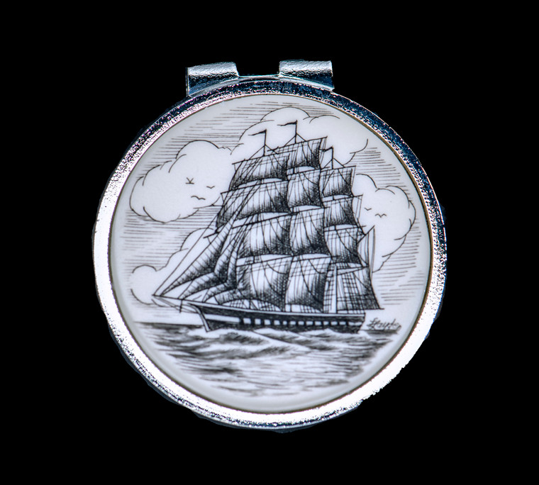 Tall Ship Spring Money Clip. This stunning originally hand etched Tall Ship design on a Rond Spring Money Clip.  This unique piece is a spring money clip.  The back of the money clip has a stainless steel spring that will hold your money secure.  Regardless if it is a small or large stack of bills.  

The artwork was originally hand etched by Linda Layden.  The artistic insert is an 1.5", the size of a silver dollar.  The dimensions of the Large Rectangle Money Clip is 1.68" x 1.81" x 0.46".  The SKU is NC 24 - 401.