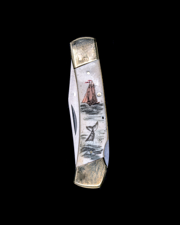 Ship and Whale Colored Vertical LB 5 Blank Cow/Bovine Bone.This beautiful hand etched Ship and Whale Vertical Colored Scrimshaw design on a 440 Stainless Steel Blade LB 5 Knife.  This beautiful knife is part of the Scrimshaw Collection, with those words laser engraved into the blade.  The LB 5 knifes come with the pictured leather sheath and each scale is made with Bovine Bone.  The LB 5 Knife has bolsters and shackle that are nickel silver with brass pins and liner.  It is a lock blade knife and a very useful pocket knife. The dimensions of the LB 5 Pocket Knife with the blade closed are 3.71" x 0.90" x 0.39".  The blade itself is approximately 2.80" making the width of the knife with an open blade 6.51".  The SKU is LB-5 403V