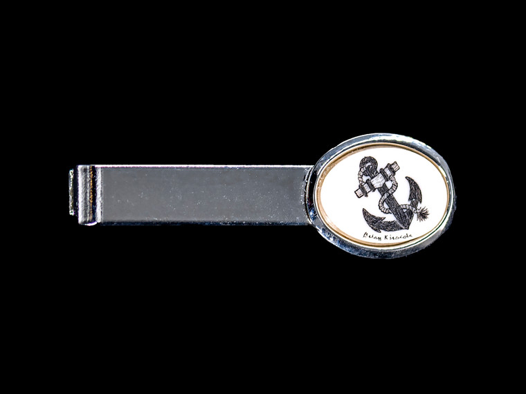 Tie Bar NC 87B - 416 Anchor.  This sharp hand etched Anchor design looks stunning on the tie bar. The Tie Bar is made of solid brass and made in the USA.  It has a Rhodium finish that gives it the stunning silver look.  It is a very durable finish.  This stunning Anchor Tie Bar weighs 3.5 ounces.  The dimensions are 2.08" x .66"x .65".    The item number is NC 87B - 416.