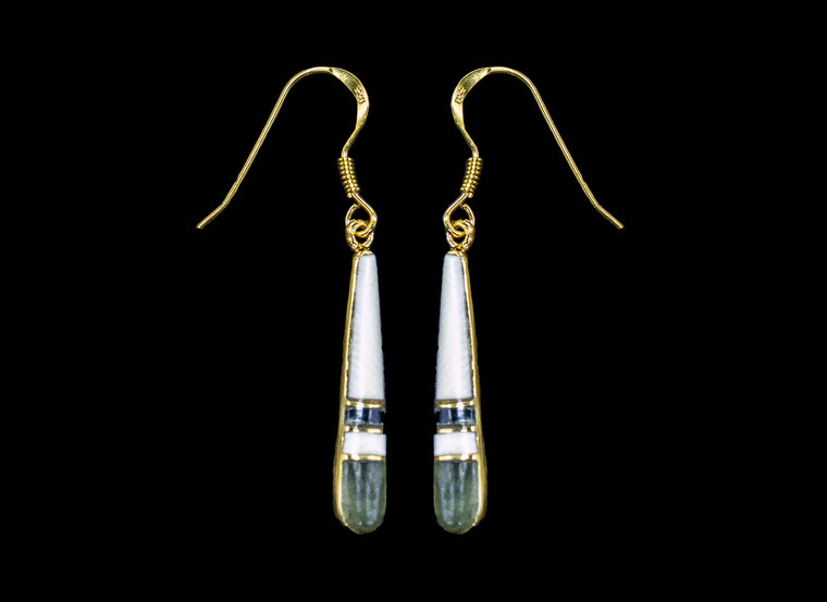 EMJ-1079-G Zoom.  This elegant Long Teardrop Alaskan Mammoth Jade piece is inlayed into Sterling Silver french wire earring.  This stylish piece is accentuated with Sterling Silver bars.   The measurements of the earrings are approximately 1.20" x .15".  The product ID is EMJ-1079-S.

Ancient Wooly Mammoth tusks are found as a bi - product of the gold mining industry in Alaska. They are carbon dated to be approximately 25,800 years old.  The color of your Mammoth tusk may vary due to the minerals in the ground water where the tusks are buried.  The varying color of the mammoth tusks make each piece of jewelry special and different from each one made.  Our materials are considered eco-friendly because no animals were harmed in the making of this one of a kind piece of jewelry! 

Genuine Jade (nephrite) is a fascinating gemstone and the state gem of Alaska. In prehistoric times, prized for its toughness, jade was used to make weapons, tools and later simple ornaments. Jade purportedly can protect you from evil, attract love and of course bring you good luck. It is now regarded as a symbol of energy and beauty. Stimulating creativity and mental agility along with harmony and balance. The jade we use comes from the Nana Region of Alaska.