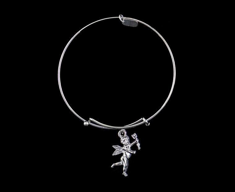 NC 07 157 S Cherub Display.  The beautiful adjustable bracelet is decorated with a Cherub charm.  The product ID is NC 07-157-S.

This bracelet is a one size for most, with an adjustable wire band.  Each bracelet can be customized with different unique charms to attach.  All parts are made in the USA!.

The silver bracelets are steel with rhodium plating.  They are e-coated to help prevent tarnishing.

The Nantucket Basket charm is a lead free casted pewter.