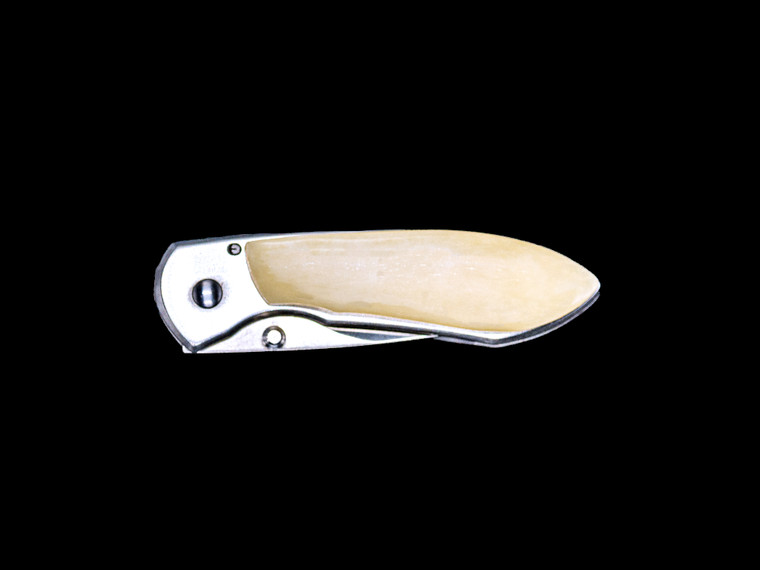 This unique Bovine Bone handle on a Buck 325 Colleague Pocket Knife. The back of the knife has a belt clip.  The weight of the knife is 1.5 ounces and the dimensions of the Buck 325 are 2.75" x .78" x 0.39".  The blade itself is approximately 1.875".  The SKU is B-325 MB.  

The Buck 325 Colleague is a contemporary, slimline design with one handed deployment.  The blade is mirror polished along with the back of the handle.  This pocket knife makes a perfect gift for a person looking for a small pocket knife.  The length of the knife closed is 2.75"

The knife has a frame lock, that function like a liner lock.  The difference is the locking mechanism is a section of the handle "frame" side of the knie.  The fram lock is a channeled lock arm tha tmoves inward to lock against the blade when the knife is open.  Pushing outward releases it from the locked position to close th eblade.  Frame locks are lighter weight with fewer moving parts.  They are typically one handed open and close blades.   

420HC Steel is the Buck standard blade material because it approaches the wear resistance of high carbon alloys while delivering the corrosion resistance of chromium stainless steels.  

This blade is a Drop Point blade.  It is full bellied with a strong thick point for heavier tasks.