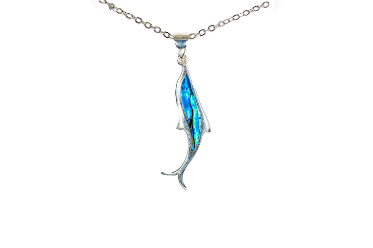 Dolphin Mammoth Sterling Silver Pendant | F&F Inc.

This unique dolphin shaped Northern Lights is inlayed into a Sterling Silver pendant.  This pendant comes with an 18" Sterling Silver chain.  The dimensions of the Northern Lights pendant is approximately .58" x .50".  The product id # is PNL-1067-S

This is our line of PĀUA Shell Jewelry.  In New Zealand, abalone is called pāua or blackfoot pāua is the ubiquitous New Zealand pāua the highly polished nacre of which is extremely popular as souvenirs with its striking blue, green, and purple iridescence that allows for the stunning jewelry.

Enjoy your unique piece of jewelry!

Features
Northern Lights
Paua Shell
Dolphin Shaped
18" Sterling Silver Cable Chain.
Sterling Silver
Lifetime Guarantee!!