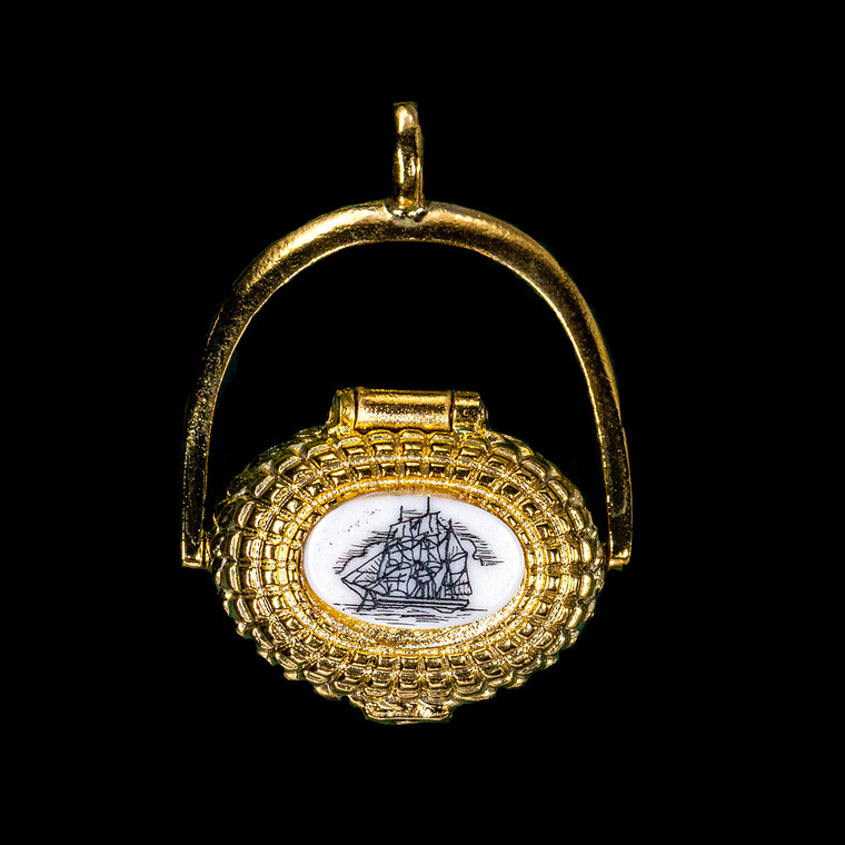 This is a incredibly detailed 22K Plated Gold Nantucket Basket Pendant with a replica scrimshaw with a Tall Ship design top. More specifically the vessel design is that of a Whaling Bark Inside the basket is a mini penny.  The basket on it's own has the following dimensions, .78"x .48"x .77".  The pendant holder add .22" x .85".  Each pendant weighs .31 ounces.  All the pendants come with an 18" gold chain. The item number is GNB 4013.

This Nantucket Lightship basket pendant is made in pewter and was plated in 22k Gold.  These beautiful baskets are similar to what is seen on the Netflix hit, Sirens

Nantucket lightship baskets, characterized by their rattan staves, cane weavers, and wooden bases, originated on the island's lightships in the mid-1800s. Initially, these baskets were a way for lightship crewmen to pass the time during long deployments and were primarily utilitarian. Over time, the baskets evolved, becoming more refined and sought after as souvenirs of Nantucket.

Keeping with the tradition of a penny in the basket.  A penny is placed inside the basket to symbolize good luck.  Each of our basket pendants have a mini penny inside to carry on the tradition.  

Linda Layden has been making beautiful works of art in the scrimshaw field for over 40 years.  Originally a hobby that became a full time job.  Her work can be found in gift shops, galleries and museums across the world.  

The resin scrimshaw piece is originally hand etched by Linda Layden.  We make a mold of the original piece and do an open cast pour of our resin mixture.  The pieces are removed from the mold and sanded and inked with Indian Ink.

We believe that serving nature is one of the commissions that we as humans have been given here on earth.  We wish to lend our resources to those charged with protecting elephants from poaching.

On a monthly basis we donate to organizations whose purpose to protect the elephants and other species throughout the planet.  We focus our donations on organizations that put the money to good use and have a low overhead. With the majority of incoming funds going back to saving the elephants!

American Made
Nantucket Basket Pendant
22k Gold Plated
Pewter Base 
Mini Penny
18" Gold Chain
Nautical Design
Tall Ship
Whaling Bark
Resin Scrimshaw Design Top
Lifetime Guarantee