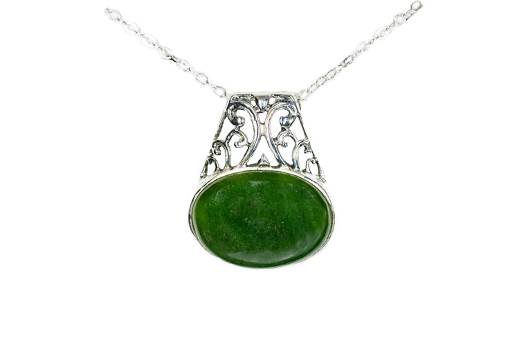 Elegant Oval Alaskan Jade Sterling Silver Pendant | F&F Inc.

This elegant Oval Alaskan Jade pendant with an elaborate sterling silver design.  The measurements of the earrings are approximately .78" x .94".  The product ID is EJ-1108-S.

Genuine Jade (nephrite) is a fascinating gemstone and the state gem of Alaska. In prehistoric times, prized for its toughness, jade was used to make weapons, tools and later simple ornaments. Jade purportedly can protect you from evil, attract love and of course bring you good luck. It is now regarded as a symbol of energy and beauty. Stimulating creativity and mental agility along with harmony and balance. The jade we use comes from the Nana Region of Alaska.

Enjoy your unique piece of history!

Features:
Alaskan Jade
Elegant Oval Design
Sterling Silver
Lifetime Guarantee!!