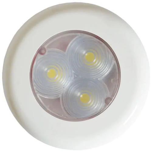 This flush mounting weatherproof LED cabin light has extremely low power consumption, (1/10 of a normal bulb), that extends battery life while providing a soft bright focused light. 

Ideal for cockpit lighting on open boats, or as cabin lighting.

The LED's provide longer life than an ordinary incandescent globe, they don't get hot and the recessed mounting provides an attractive finish.

Features

12 Volt
Contains 3 x LED's (0.22 watts)
Lumen Light Output: 38
Size: 76mm (W) x 20 (D)mm
Colour: White Body
White LED
