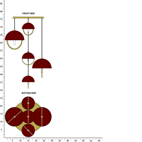 Mavisten Edition Copernica Five Light Pendant in Lacquered Burnished Brass w/Oxblood Painted Metal Shade (165|589OX)