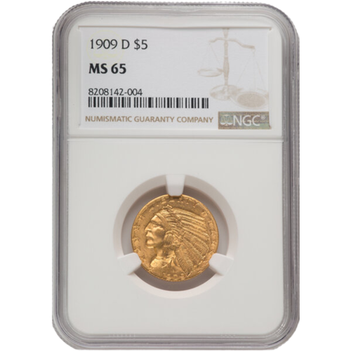 1909-D $5 Indian Gold Half Eagle Coin NGC MS65 Obverse